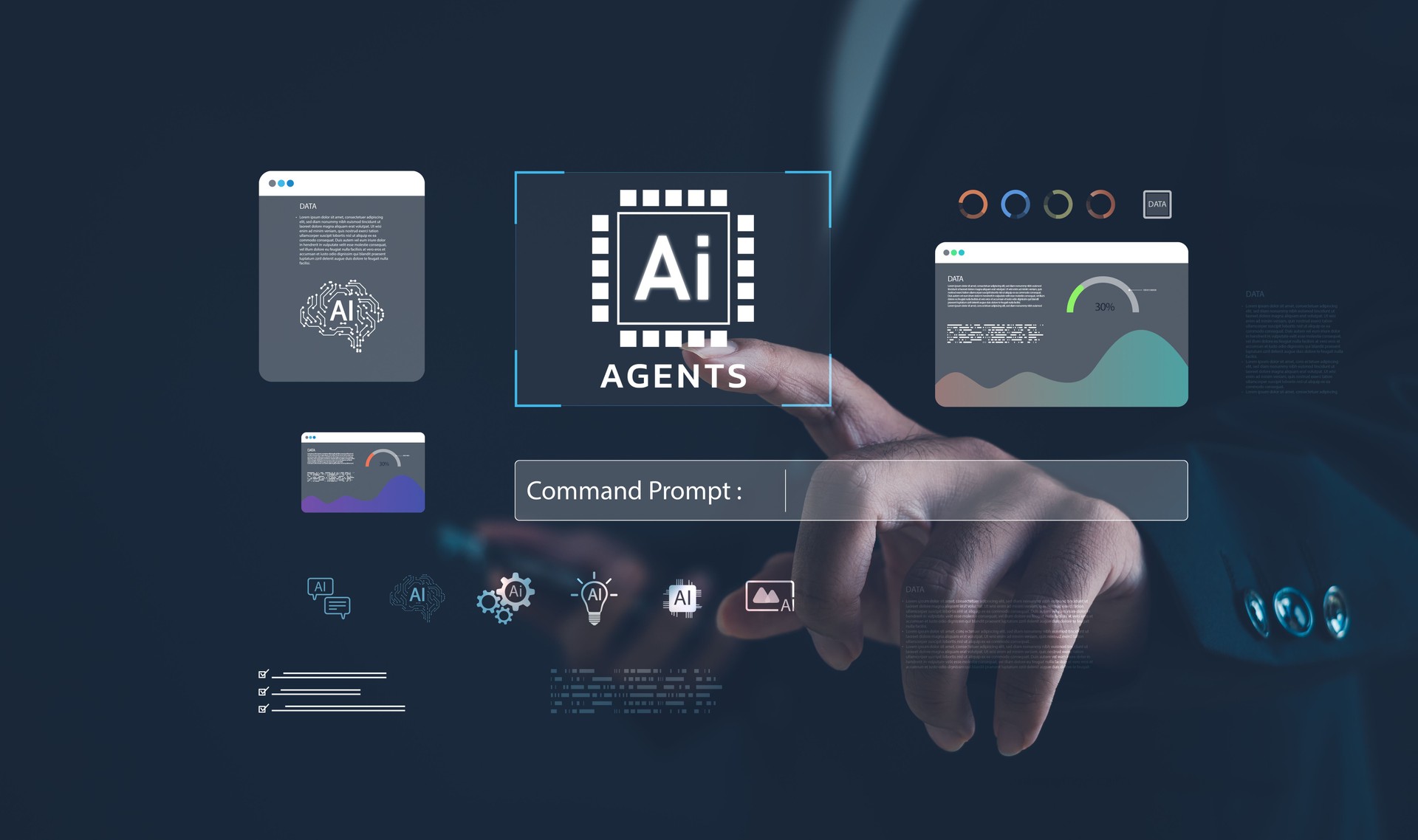 La mano umana interagisce con l'interfaccia futuristica degli agenti AI, la visualizzazione dei dati e la tecnologia di automazione per concetti di business intelligence, apprendimento automatico e innovazione digitale.